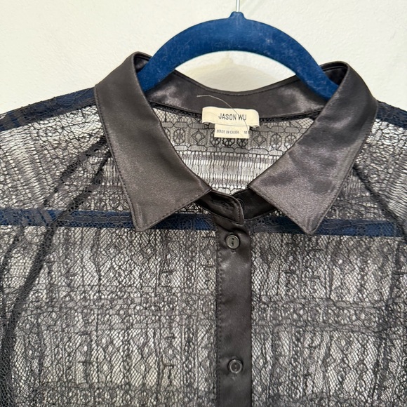 Jason Wu Black Satin Trim Lace Sheer Blouse Top Button Up Front Women's Sz M NWT - Picture 5 of 14